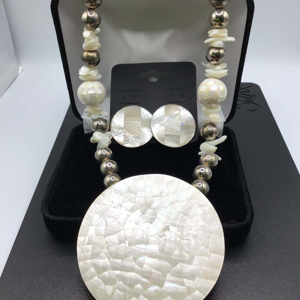 Vintage Karla Jordan Mother of Pearl Silver Overlay Necklace Earrings Set